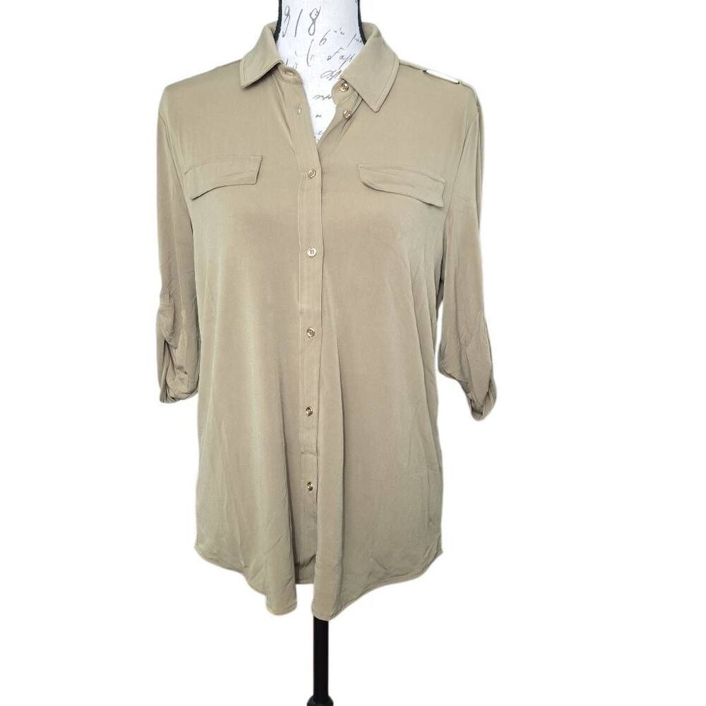 Grace The Perfect Fit Women's Size Medium Olive Press Gold Button Down Shirt